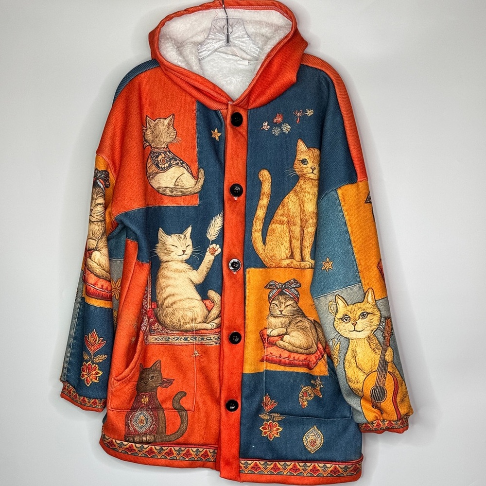 Whimsical Orange Cat Sherpa Lined Thick Button Hooded Jacket Size XL